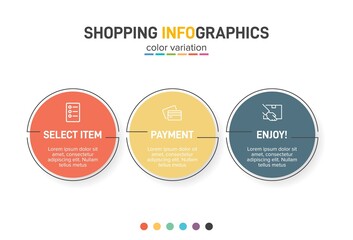 Concept of shopping process with 3 successive steps. Three colorful graphic elements. Timeline design for brochure, presentation, web site. Infographic design layout.
