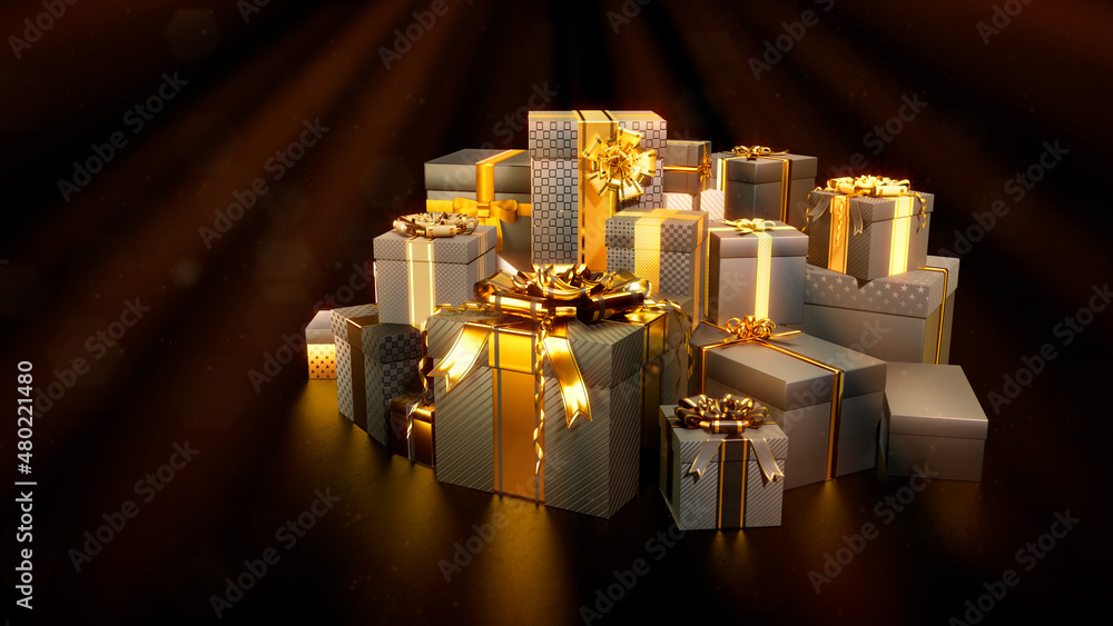 Poster lighting present boxes for cyber monday sell-out on dark backdrop - abstract 3d rendering