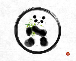 Panda eating bamboo in black enso zen circle on rice paper background. Traditional oriental ink painting sumi-e, u-sin, go-hua.