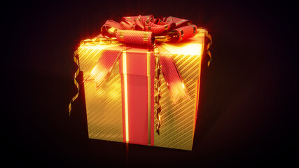 lighting decorated golden and red surprise gift box on black, isolated - object 3D illustration