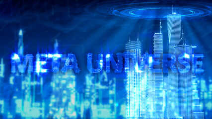 metaverse background with text - city integrated in digital world - abstract 3D illustration