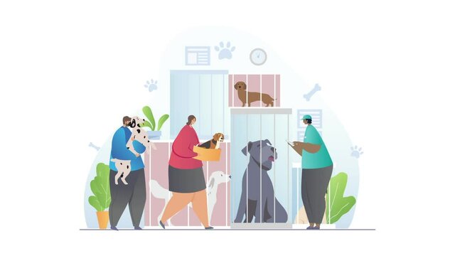 Pet Shelter video concept. Moving men and women Homeless to stray dogs and small puppies or adopt them. Volunteers and staff of center feed animals and take care of them. Graphic animated cartoon