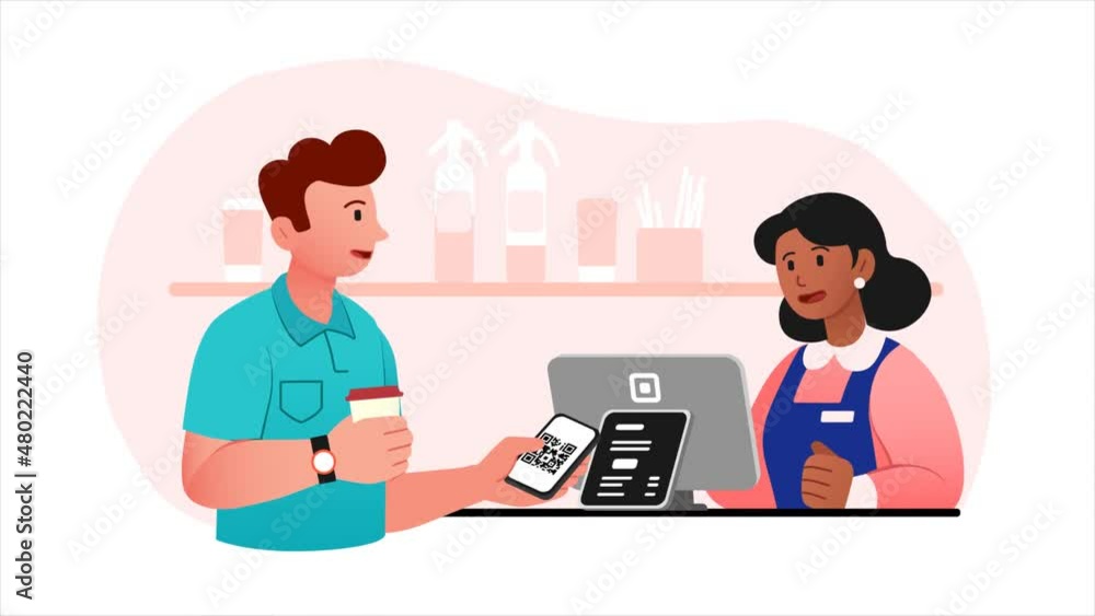 Poster cashless payment system video concept. young moving man holds smartphone and pays for coffee in cafe