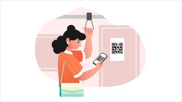 Cashless payment system video concept. Moving woman rides bus or public transport and pays for her journey using mobile application and QR code. Contactless transaction. Graphic animated cartoon