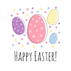 Happy Easter card with colorful painted eggs and line elements. Postcard with colored dots and congratulatory text. 
Square minimalist postcard in a flat style with a white background.