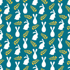 Seamless Easter pattern with white rabbits and decorative yellow leaves. Pattern on a blue background for printing on paper, fabric. 
Ornament in a square format.