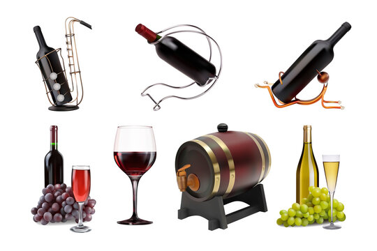 Set of wine drinks in bottles, wineglasses and barrels. Illustration