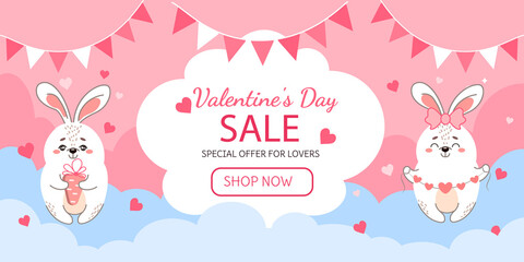 Promotional web banner of the Valentine's Day sale with fluffy bunnies and hearts
