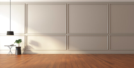 Luxury empty room with side table and hanging lamp, wall cornice and wood floor. 3d rendering