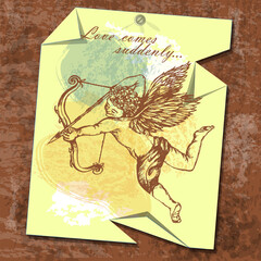 Sketch depicting a flying Cupid with a bow and arrow on a crumpled torn sheet of paper on a background of an aged textured surface. Above is the inscription - Love comes suddenly. Vector illustration 