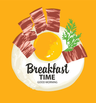 Breakfast banner with a delicious fried egg, appetizing bacon and dill on a yellow background. Vector food and drink menu or flyer with the words Breakfast time in retro style