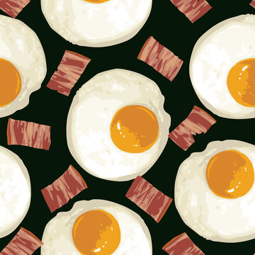 Seamless pattern with fried eggs and delicious bacon. Vector background with mouth watering scrambled eggs for breakfast on a black backdrop. Suitable for wallpaper, wrapping paper or fabric design