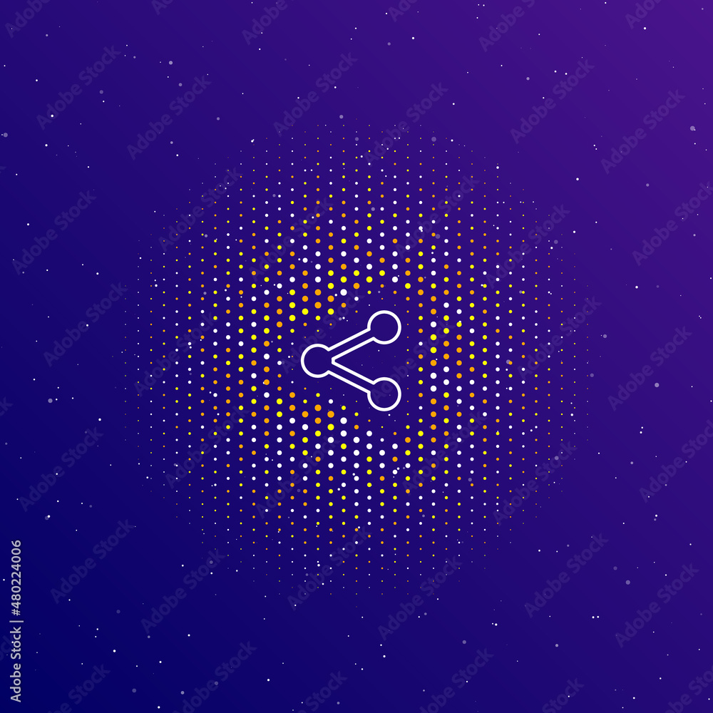 Poster a large white contour share symbol in the center, surrounded by small dots. dots of different colors