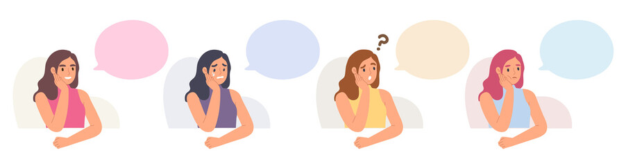 Set of young female in thinking posture with different moods and blank speech bubble. Emotional character happy, sad, curious and bored. Template cartoon for message. Flat vector illustration.