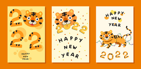 Fototapeta premium Bundle of 2022 Chinese zodiac Tiger year postcard. Set of Happy New Year greeting card for print, decoration, banner, template. Adorable tiger cartoon. 
