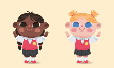 Enfants habillés avec un uniforme scolaire, chemise et jupe, petites filles à l'école qui sourient, illustration pour l'éducation et l'information de la rentrée des classes