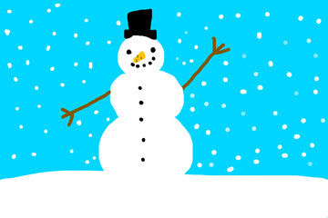Drawing of a snowman on a blue background. Child's drawing