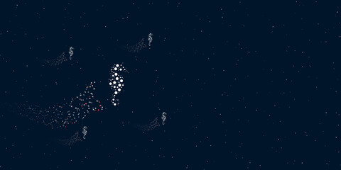 Fototapeta na wymiar A sea horse symbol filled with dots flies through the stars leaving a trail behind. Four small symbols around. Empty space for text on the right. Vector illustration on dark blue background with stars