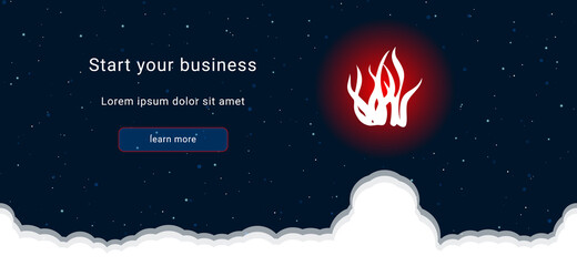 Business startup concept Landing page screen. The seaweed symbol on the right is highlighted in bright red. Vector illustration on dark blue background with stars and curly clouds from below