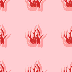 Seamless pattern of large isolated red seaweed symbols. The elements are evenly spaced. Vector illustration on light red background