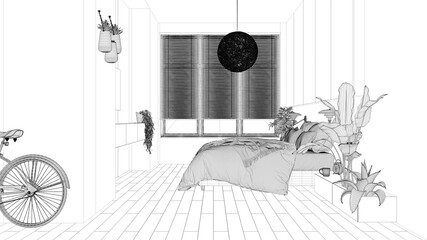 Blueprint project draft, panoramic minimalist bedroom with parquet, big window, house plants, soft duvet and pillows. Eco green concept, interior design