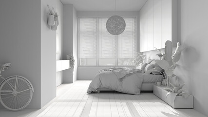Total white project, panoramic minimalist bedroom with parquet, big window, house plants, soft duvet and pillows. Eco green concept, interior design