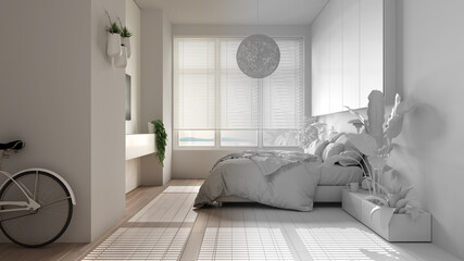 Architect interior designer concept: unfinished project that becomes real, panoramic minimalist bedroom, parquet, window, house plants, duvet, pillows. Eco concept, interior design