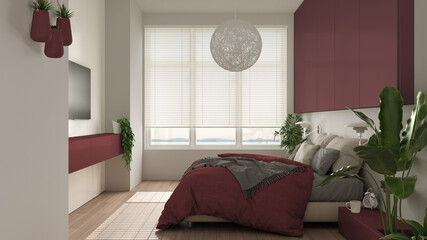 Panoramic white and red minimalist bedroom with parquet, big window, house plants, soft duvet and pillows. Eco green concept, interior design