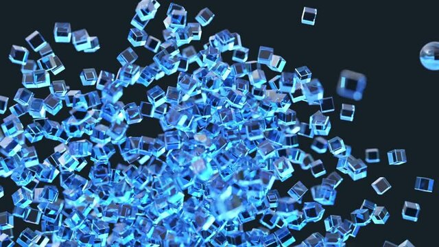 glass ball breaks a wall of transparent cubes