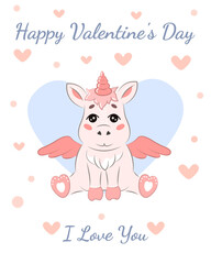 Vector illustration for Valentine's Day with a unicorn, hearts and inscriptions