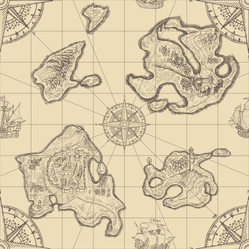 Decorative seamless pattern with hand-drawn islands, sailing ships and wind roses on old paper backdrop. Monochrome vector background in vintage style. Suitable for wallpaper, wrapping paper, fabric