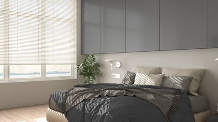 Panoramic white and gray minimalist bedroom with parquet, big window, house plants, soft duvet and pillows. Eco green concept, interior design