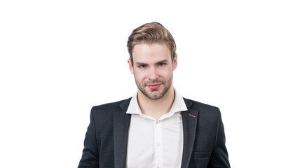 Portrait of happy professional man employee in formal business wear isolated on white, broker