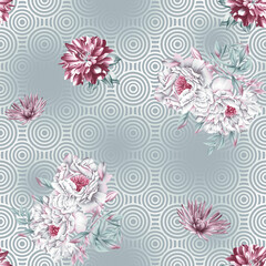 Fototapeta na wymiar Seamless textile flower on grey background with circle pattern digital print design