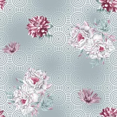 Rolgordijnen Seamless textile flower on grey background with circle pattern digital print design © Vinayaka7