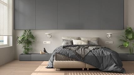 Modern white and gray minimalist bedroom with parquet, big window, house plants, soft duvet and pillows. Eco green concept, interior design