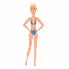A female character in a swimsuit. A thin European girl in full growth. Vector illustration in a flat style, isolated on a white background.