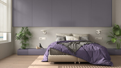 Modern white and violet minimalist bedroom with parquet, big window, house plants, soft duvet and pillows. Eco green concept, interior design