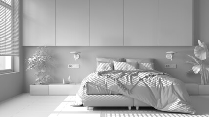 Total white project, modern minimalist bedroom with parquet, big window, house plants, soft duvet and pillows. Eco green concept, interior design