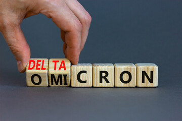 Covid-19 omicron or deltacron symbol. Doctor turns cubes and changes the word omicron to deltacron....