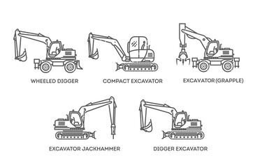 Different types of excavators illustration - obrazy, fototapety, plakaty