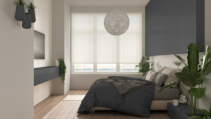 Panoramic white and gray minimalist bedroom with parquet, big window, house plants, soft duvet and pillows. Eco green concept, interior design