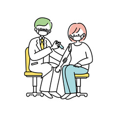 予防接種を受ける女性のイラスト（マスクあり）