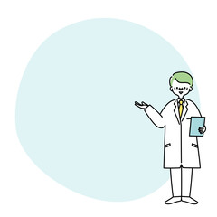 白衣を着た男性が説明しているフレームイラスト