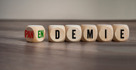 Cubes, dice or blocks with the german words for pandemic and endemic - pandemie und endemie on wooden background - obrazy, fototapety, plakaty