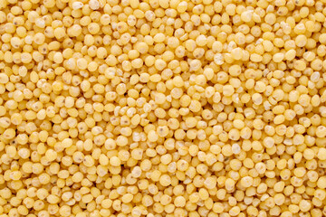 Uncooked organic millet groats, macro, top view.