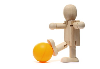 Wooden man figure, doll and ball isolated on white