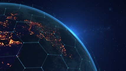 Above the Earth Sunrise. Nice view from the space satellite. Futuristic abstract network growing and covering the planet. The concept of modern business and technology.