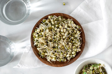 sprouted green bean seeds and 2 cups fresh water