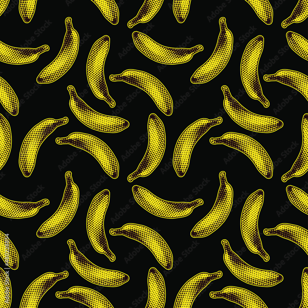 Poster seamless vector pop art pattern of dot halftone yellow bananas randomly scattered on black backgroun